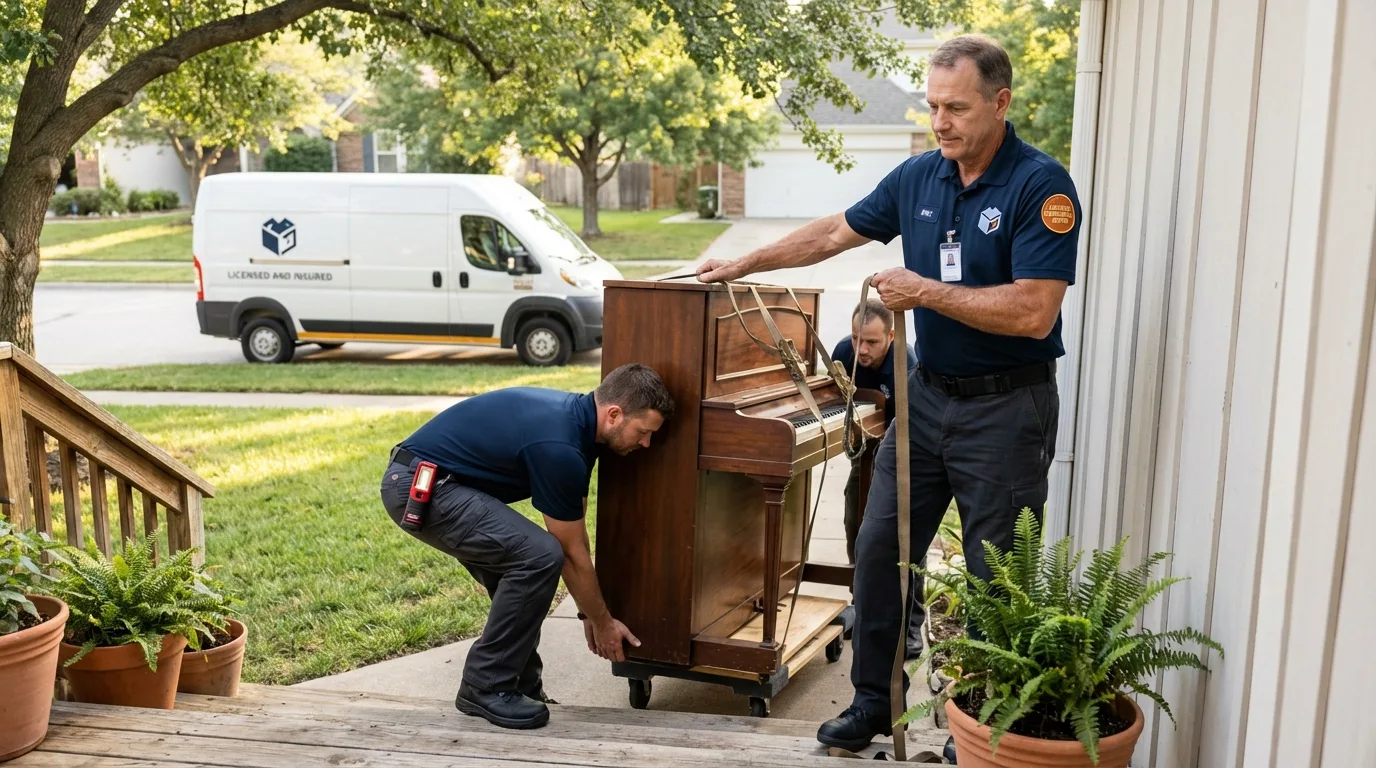 Licensed piano movers securing grand piano in Dexter, MO