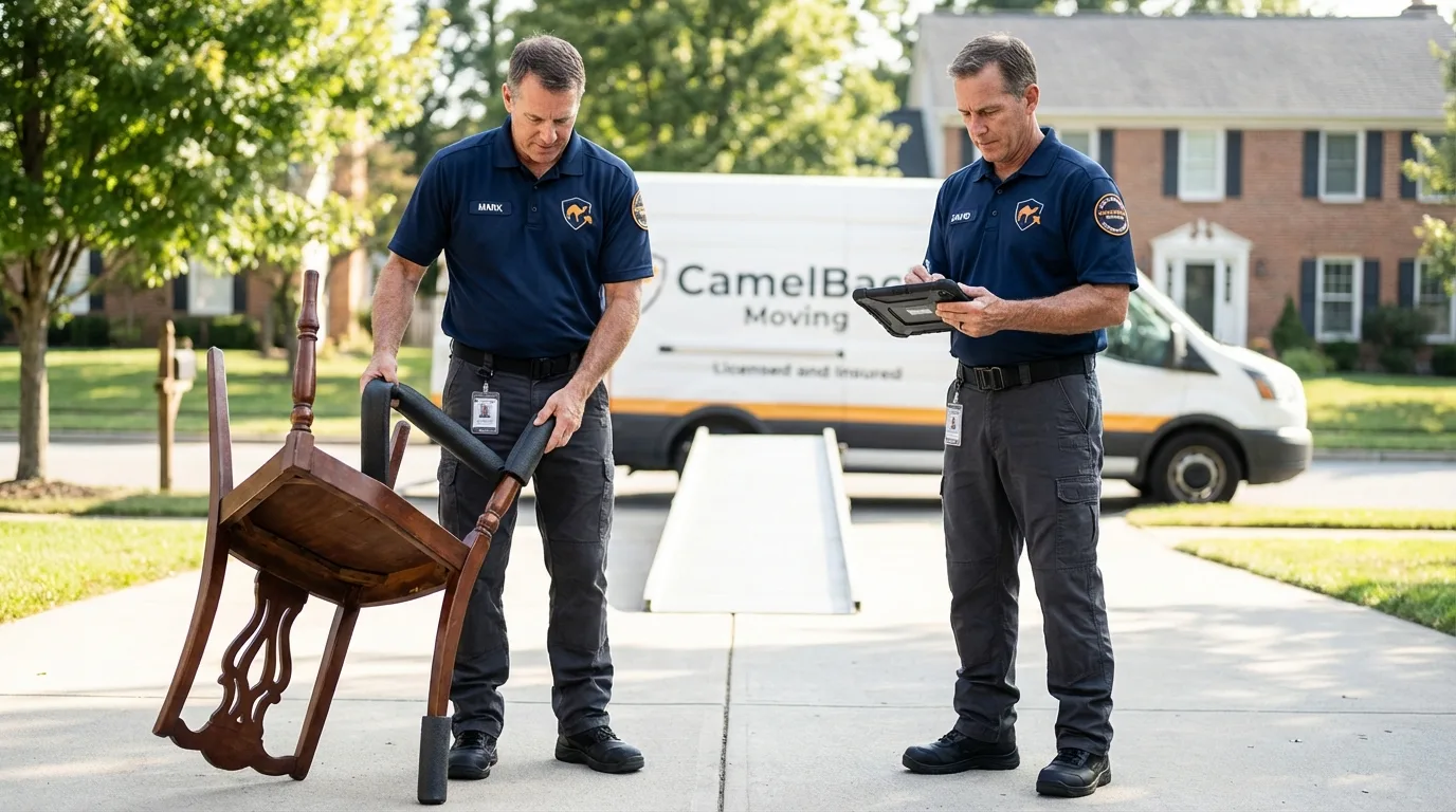 Movers inspecting furniture for damage prevention before loading in Dexter, MO