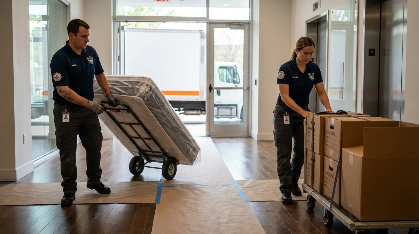 Professional apartment movers loading elevator in Dexter, MO