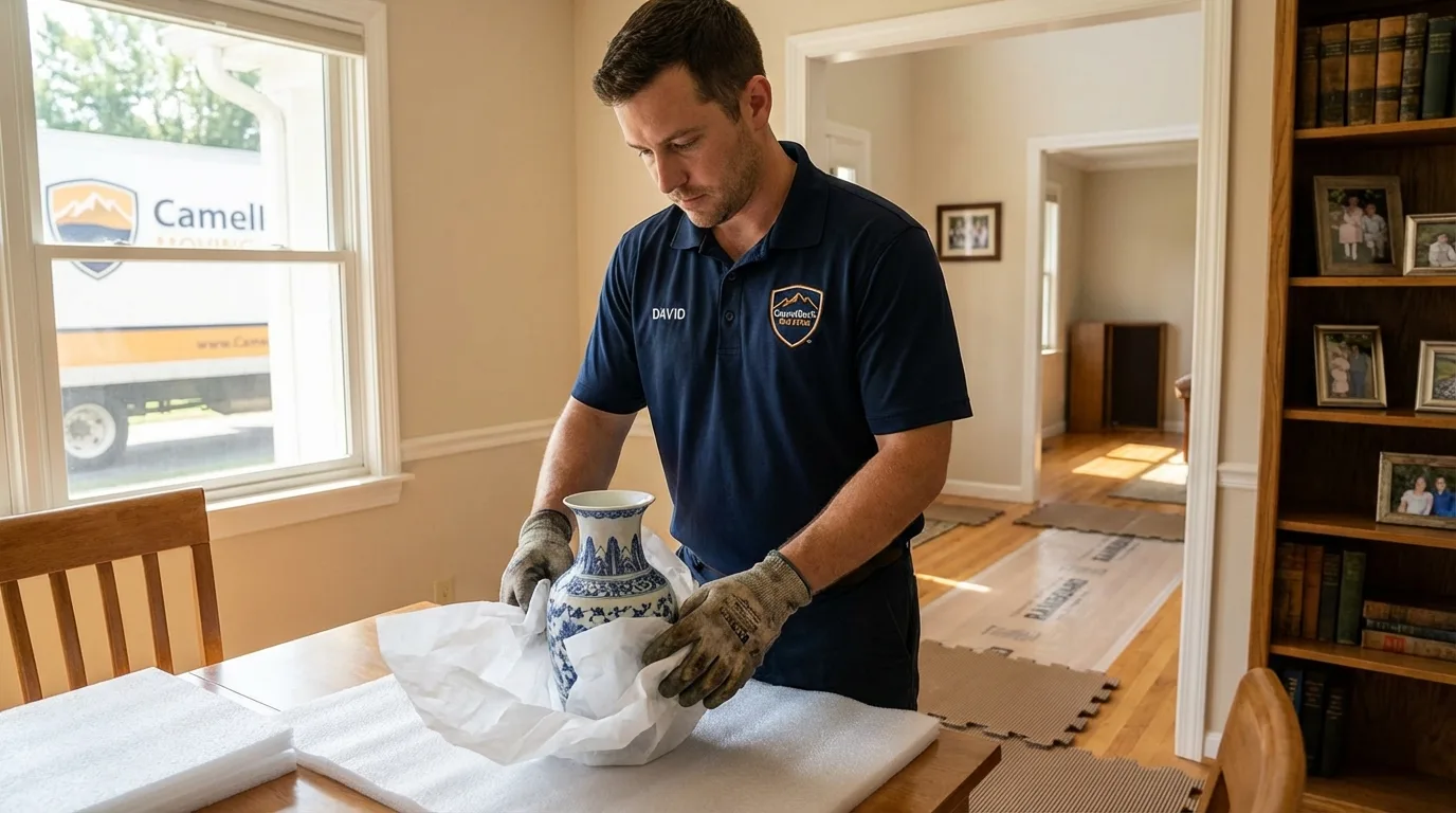 Professional crew carefully wrapping antique vase for senior downsizing move in Dexter, MO